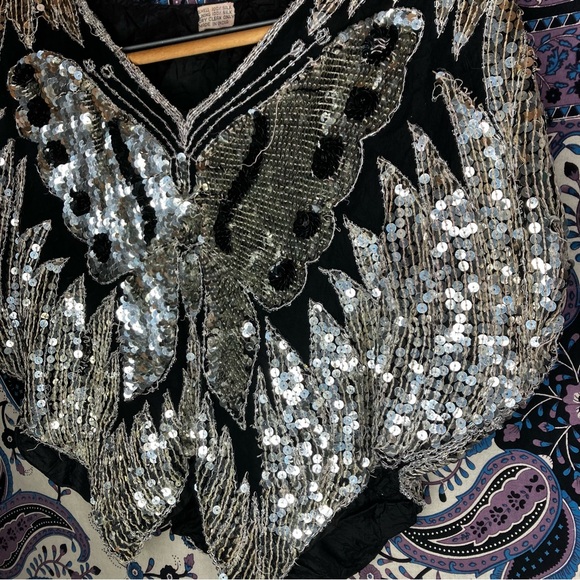 Vintage butterfly sequin silk top y2k - Picture 4 of 6